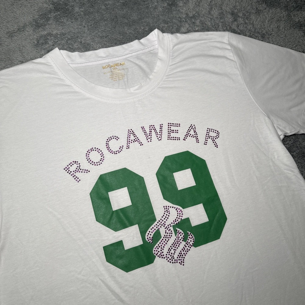 Rocawear Y2K Women's 3XL Short Sleeve White Graphic Shirt 99' Rhinestones